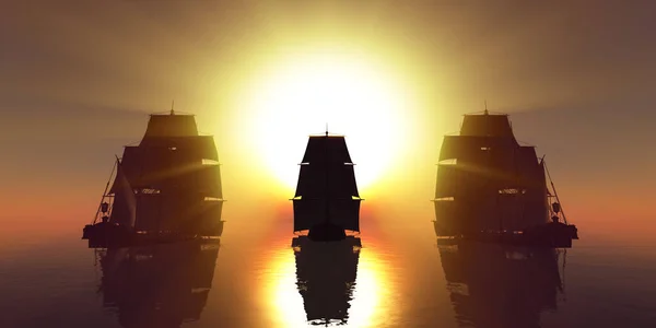 Old Three Ships Sunset Sea Rendering Illustration — Stock Photo, Image