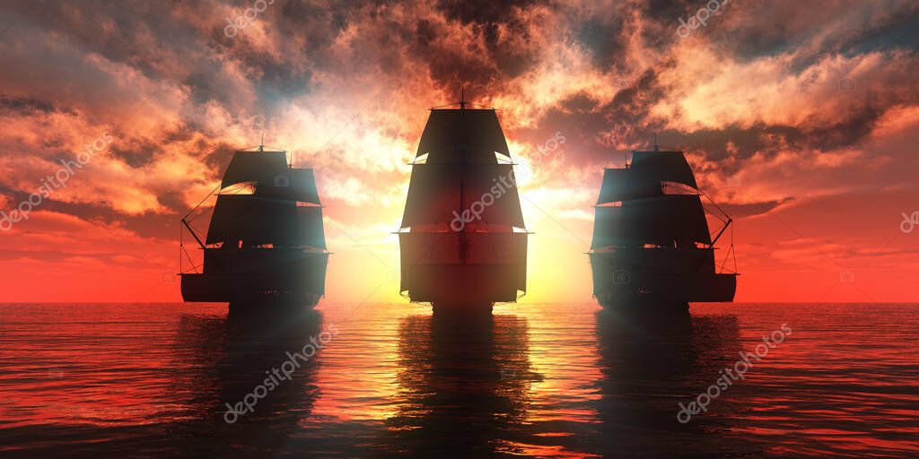 old three ships sunset at sea, 3d rendering illustration