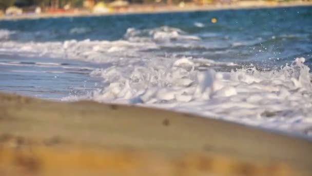 Пляжна хвиля бризкає макрос на заході сонця — стокове відео