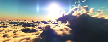 Bulutların üzerinde günbatımı güneş ışığı illüstrasyonu, 3 boyutlu görüntüleme