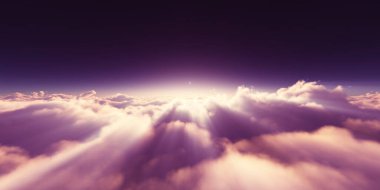 Bulutların üzerinde gün doğumu güneş ışığı çizimi, 3 boyutlu görüntüleme