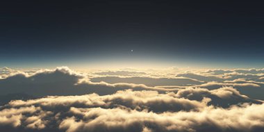 Bulutların üzerinde gün doğumu güneş ışığı çizimi, 3 boyutlu görüntüleme