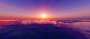 Bulutların üzerinde günbatımı güneş ışığı illüstrasyonu, 3 boyutlu görüntüleme