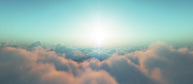 Bulutların üzerinde günbatımı güneş ışığı illüstrasyonu, 3 boyutlu görüntüleme