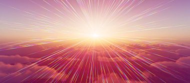 Bulutların üzerinde günbatımı güneş ışığı illüstrasyonu, 3 boyutlu görüntüleme