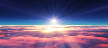 Bulutların üzerinde günbatımı güneş ışığı illüstrasyonu, 3 boyutlu görüntüleme