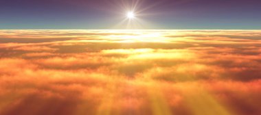 Bulutların üzerinde günbatımı güneş ışığı illüstrasyonu, 3 boyutlu görüntüleme