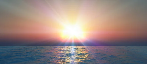 sunset sea sun ray clear sky, 3d rendering illustration