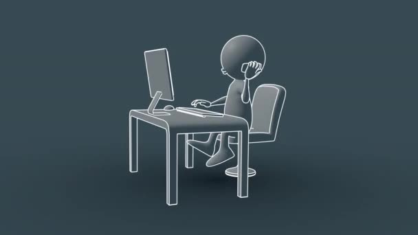 3D动画 一个男人坐在电脑前 一只手拿着手机 另一只手拿着键盘打字 接待员 苍白的蓝色渐变 白色轮廓 卡通人物 — 图库视频影像