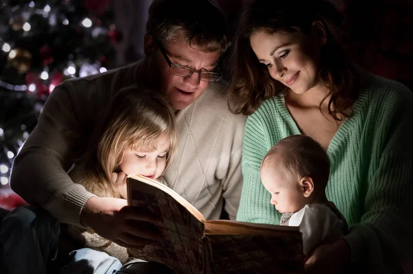クリスマスイブの物語と子供たちに本を読んで暖炉のそばでクリスマス ツリーの下に家族 — ストック写真