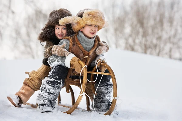 Dois Meninos Trenó Com Montanha Quente Dia Inverno — Fotografia de Stock