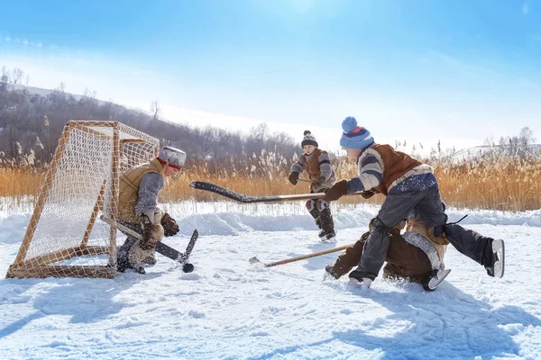 Boys Play Hockey Frozen Lake Winter Sunny Day — Stock Photo, Image