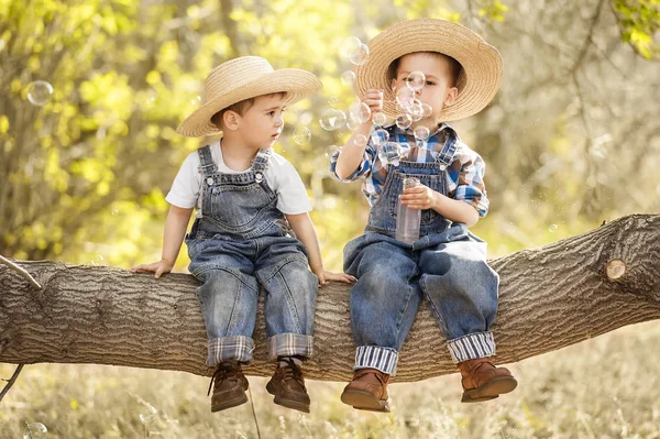 Crianças com bolhas de sabão em um galho de árvore — Fotografia de Stock