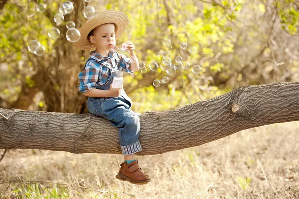 Enfant avec bulles de savon sur une branche d'arbre — Photo