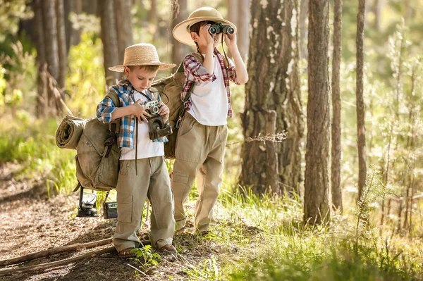 Boys on a forest road with backpacks — Stock Photo, Image
