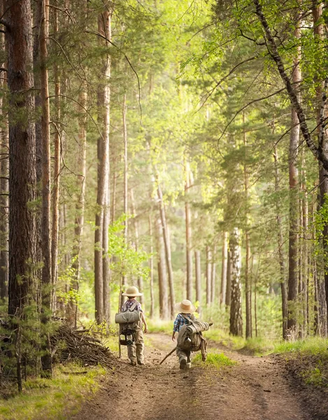 Jungen mit Rucksäcken auf einem Waldweg — Stockfoto