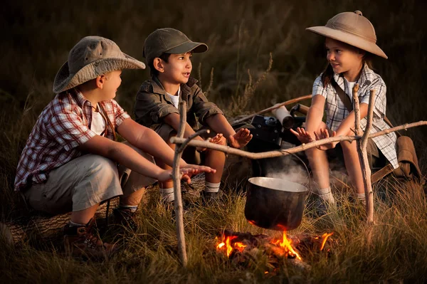 Kamp ateşi yolcularının etrafında oturan bir grup çocuk — Stok fotoğraf