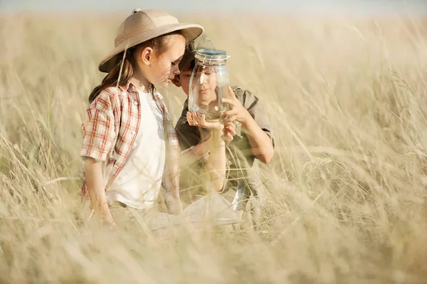 Boy looking through binoculars in a thick dry grass — Stock Photo, Image