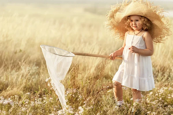 Petite fille avec filet à papillons attraper les papillons dans la prairie — Photo