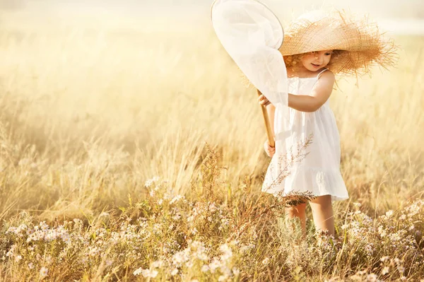 Маленькая девочка с сеткой бабочки ловит бабочек на лугу — стоковое фото