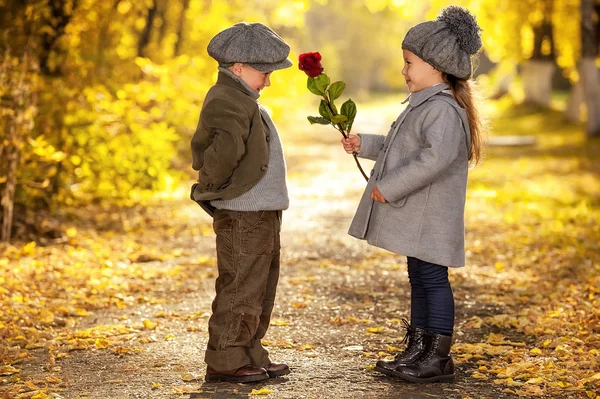 Herfst romantisch meisje en jongen — Stockfoto