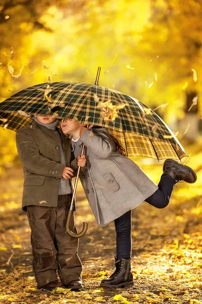 가을 로맨틱 소녀와 소년 — 스톡 사진