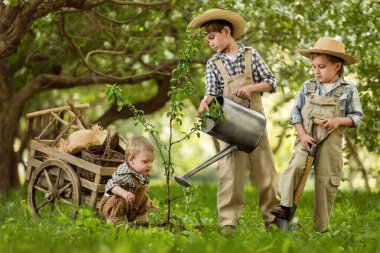 Çocuklar bahçeye ağaç dikerler.