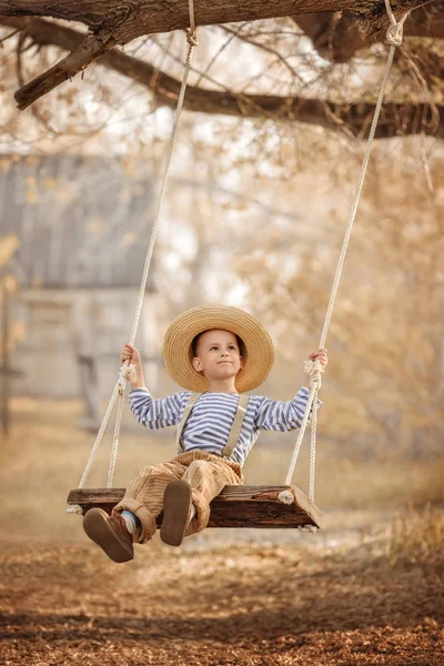 Маленький мальчик качается на качелях в саду — стоковое фото