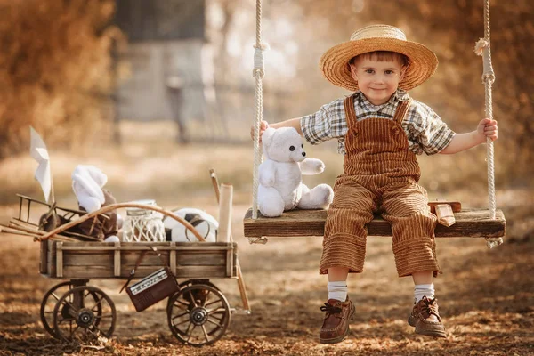 Menino pequeno com brinquedos em um balanço — Fotografia de Stock