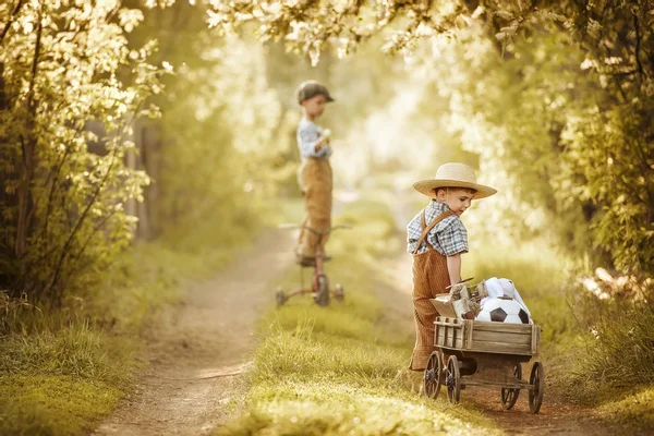 Дети играют в пышном весеннем саду — стоковое фото