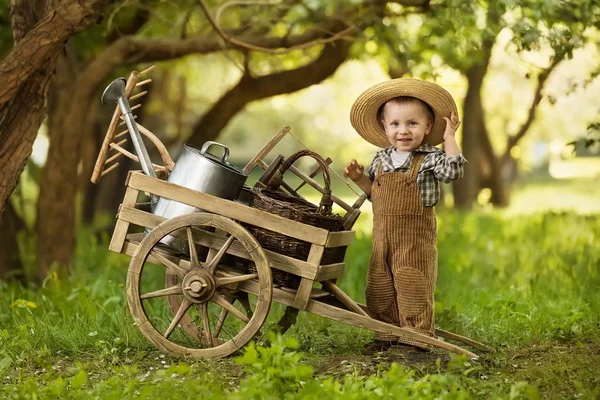 Young gardener digging in the cart with inventory — Stock Photo, Image