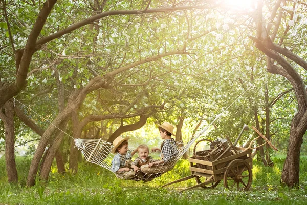Молодые садовники отдыхают в гамаке под деревьями после работы — стоковое фото