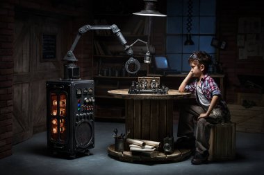 Boy with a robot helper playing chess clipart