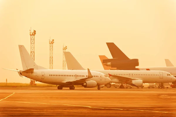 Many planes are standing at the airport at a beautiful sunset on a summer evening.