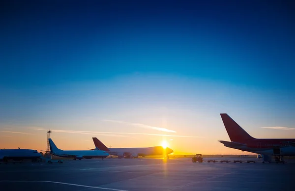 Many planes are standing at the airport at a beautiful sunset on a summer evening.