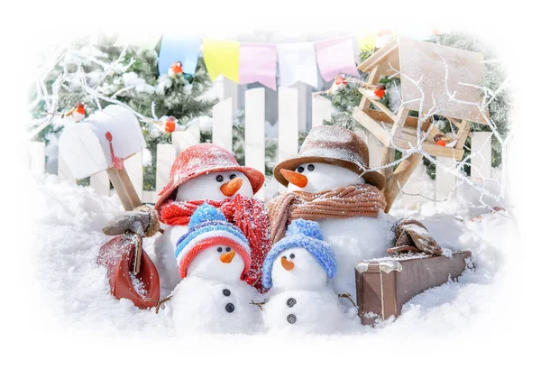 Family Snowman Background Winter Landscape Sunny Day — Stock Photo, Image