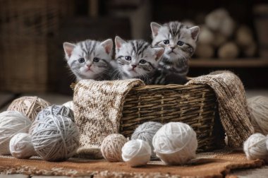 Yün yumakları olan eski bir sepetin içinde küçük çizgili kedi yavruları.
