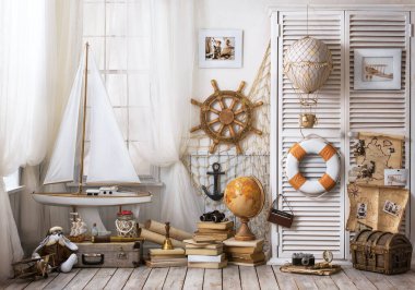 Seyahat ve turizm tarzında çocuk odasının içi