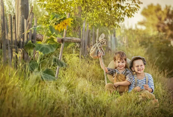 Twee Kleine Dorpsreiziger Rustend Schaduw Het Gras Een Warme Zomerdag — Stockfoto