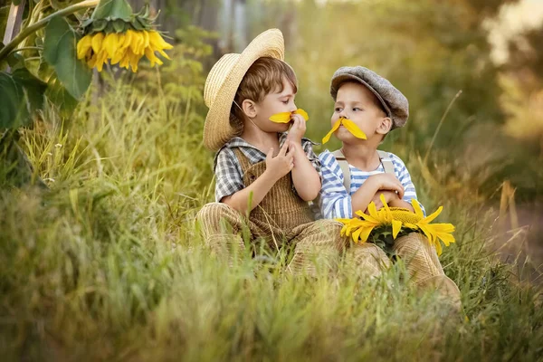 Two Boys Try His Mustache Made Petals Sunflower — Stock Photo, Image