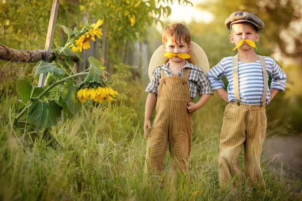 两个男孩试戴他的胡子 那是用向日葵花瓣做成的 — 图库照片