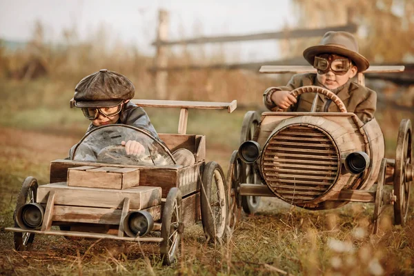 Two Boys Riders Compete Each Other Homemade Wooden Car Rural — Stock Photo, Image