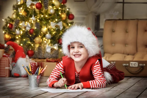 Kid Playing Attic Christmas Interior — Stock Photo, Image