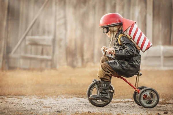 Boy Image Rider Rocketman Play Backyard House — Stock Photo, Image