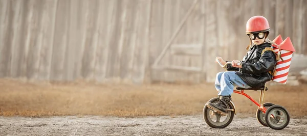 Boy Image Rider Rocketman Play Backyard House — Stock Photo, Image