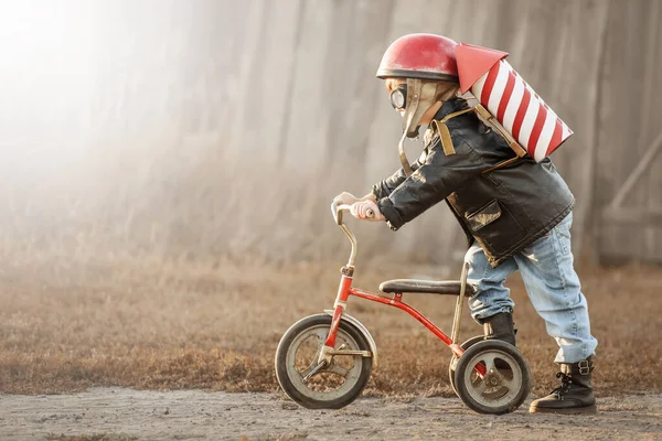 Boy Image Rider Rocketman Play Backyard House — Stock Photo, Image