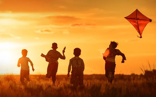 Niños Lanzan Una Cometa Campo Atardecer —  Fotos de Stock