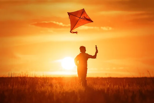 Jongen Lanceert Een Vlieger Het Veld Bij Zonsondergang — Stockfoto