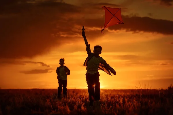 Barn Lanserar Drake Fältet Vid Solnedgången — Stockfoto