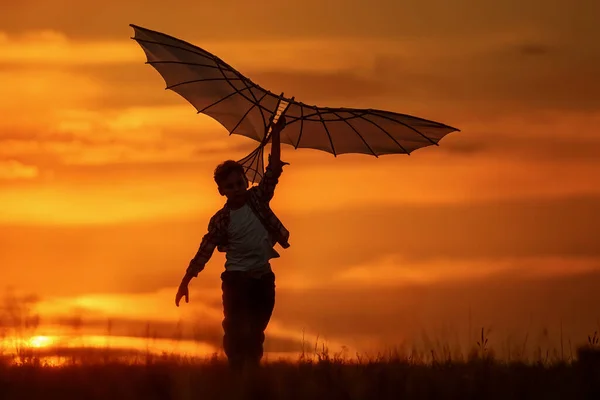 Garçon Lancer Cerf Volant Sur Terrain Coucher Soleil — Photo